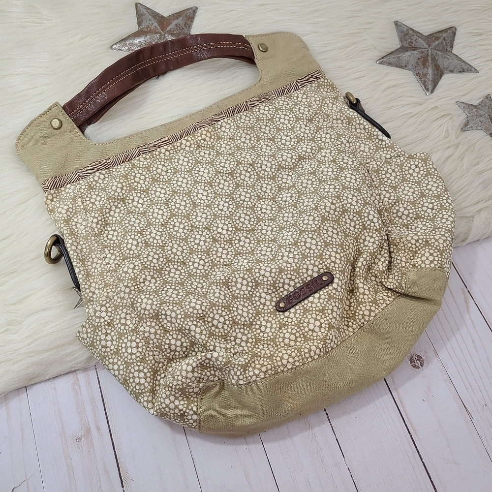 Vintage Fossil beaded canvas bag floral raffia sage green large - Picture 2 of 10